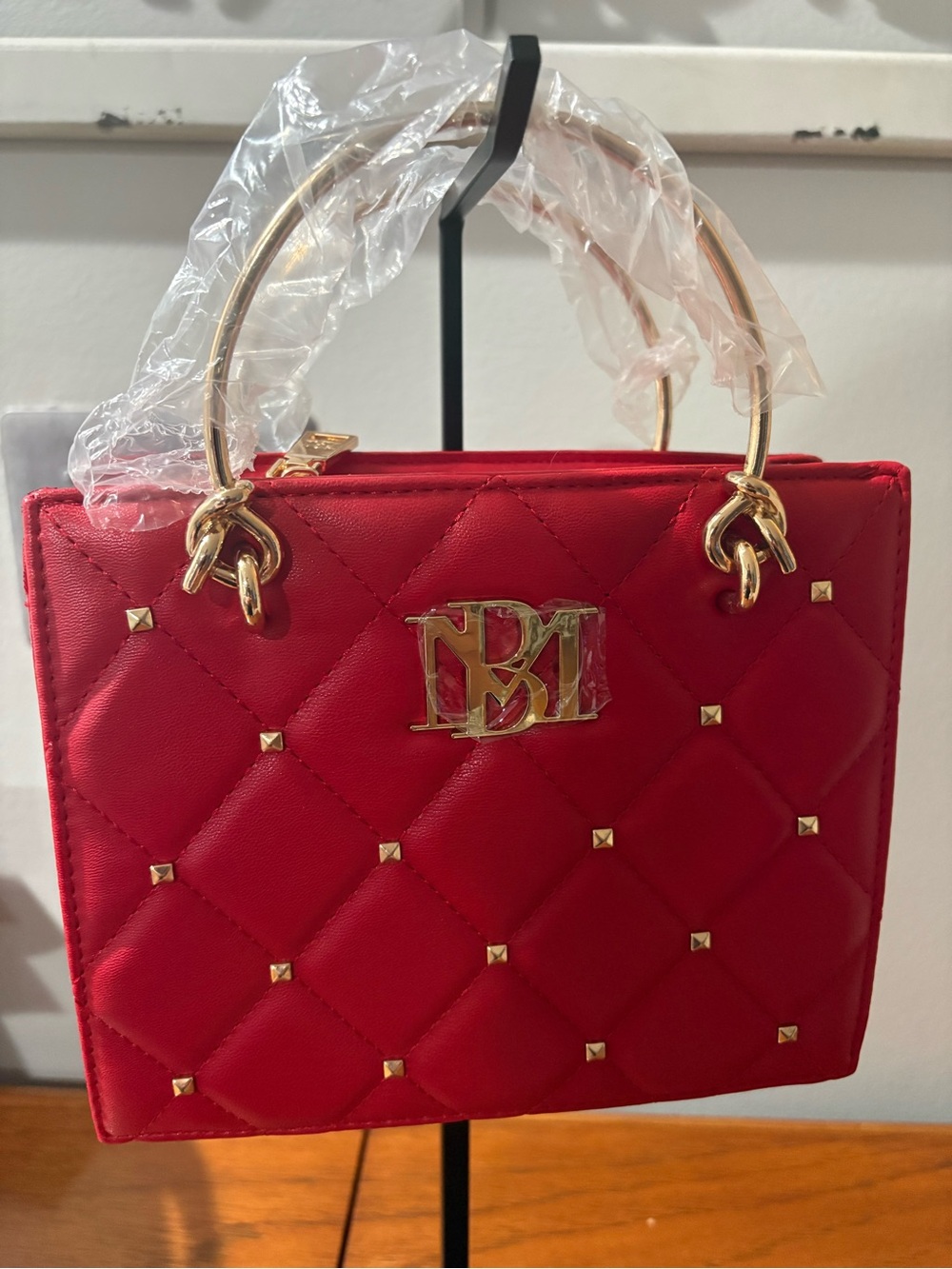 Badgley Mischka Red Quilted Satchel with Gold Hardware